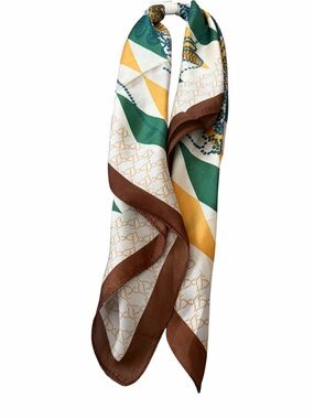 Brown-Trim Silk Scarf with Green & Mustard Geometric Print